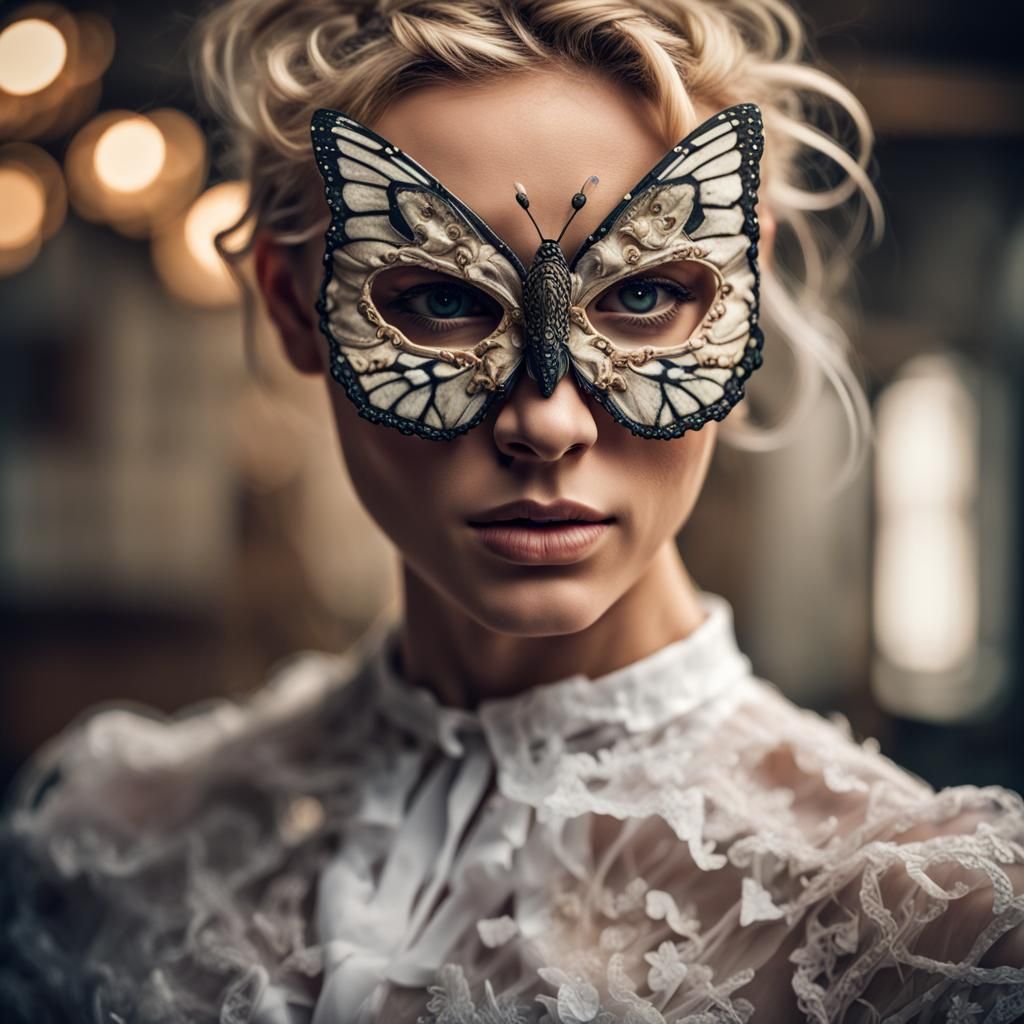 Woman with Butterfly Mask in Hyperrealistic Style