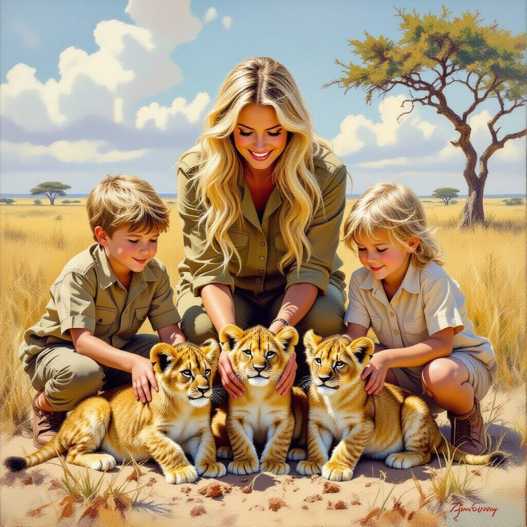 Family Protects Lion Cubs in African Savannah Oil Painting