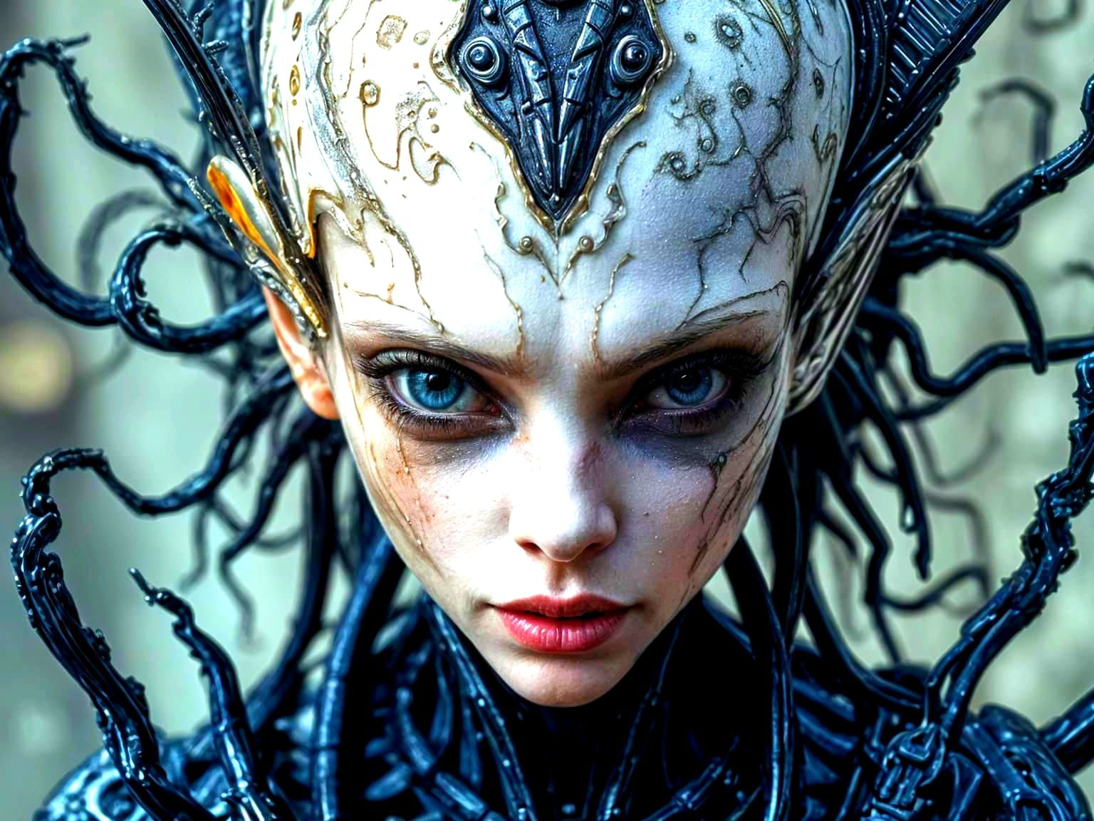 Alien Woman with Exoskeleton Fragments in Biomechanical Art