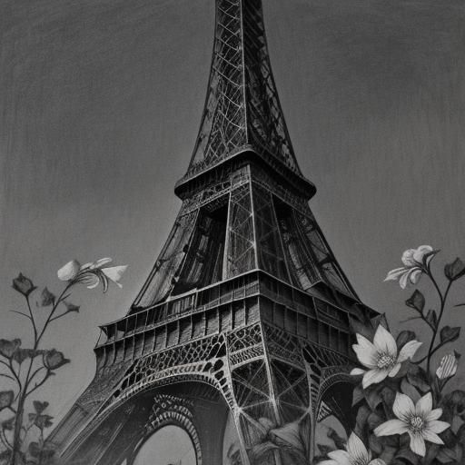 Eiffel Tower Covered in Flowers, Charcoal Drawing