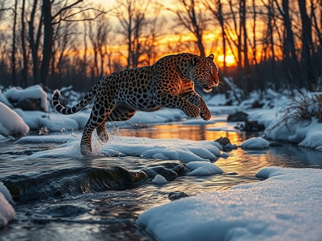 Leopard Leaping Across Frozen Stream at Sunset