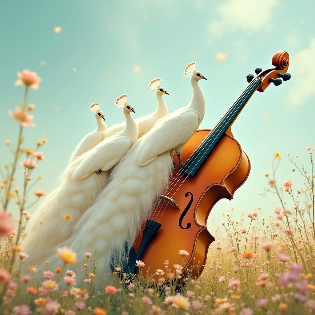 Ethereal Peacocks on a Vibrant Violin in a Pastel Paradise