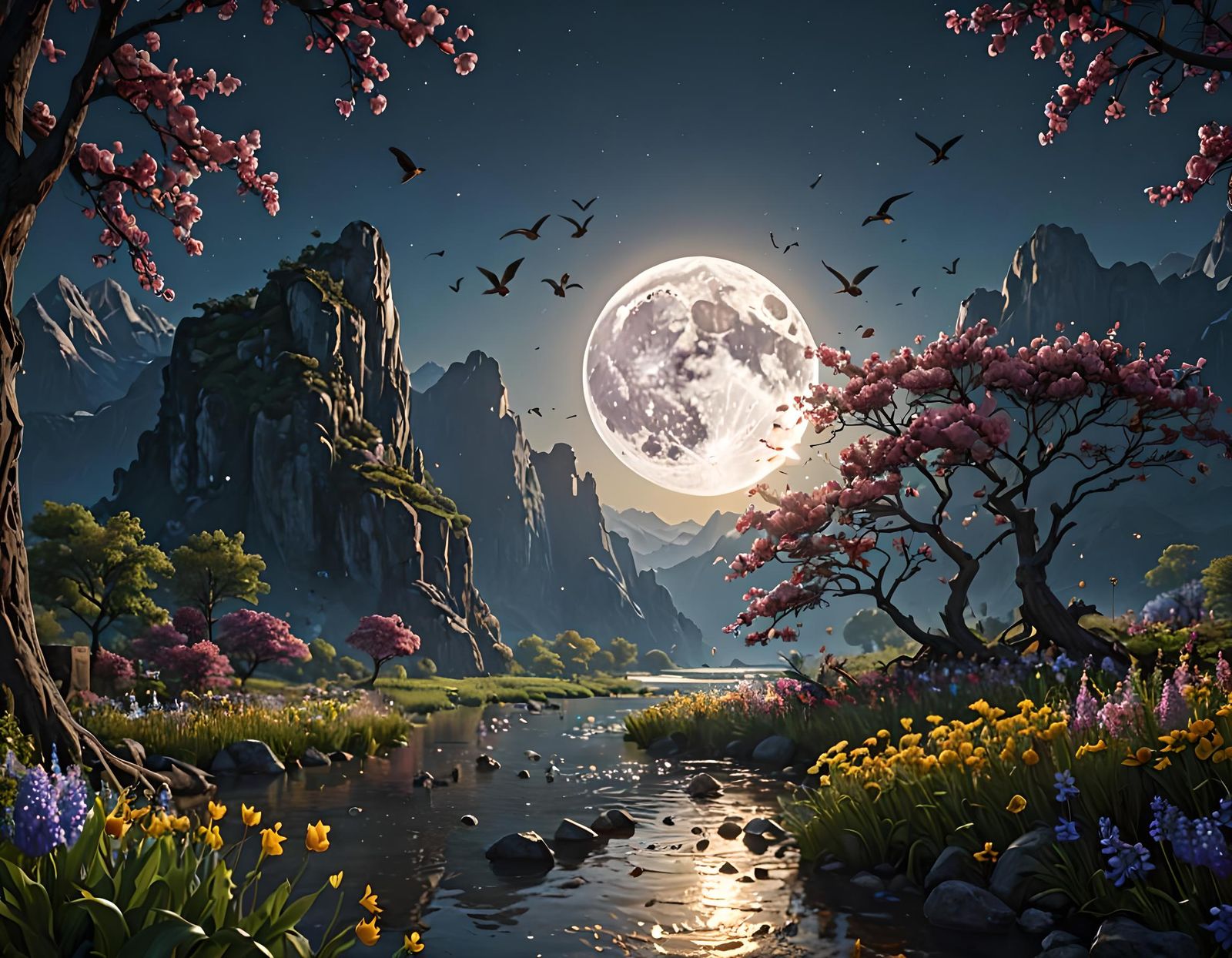 Fantastical Landscape of Moon, Sun, and River
