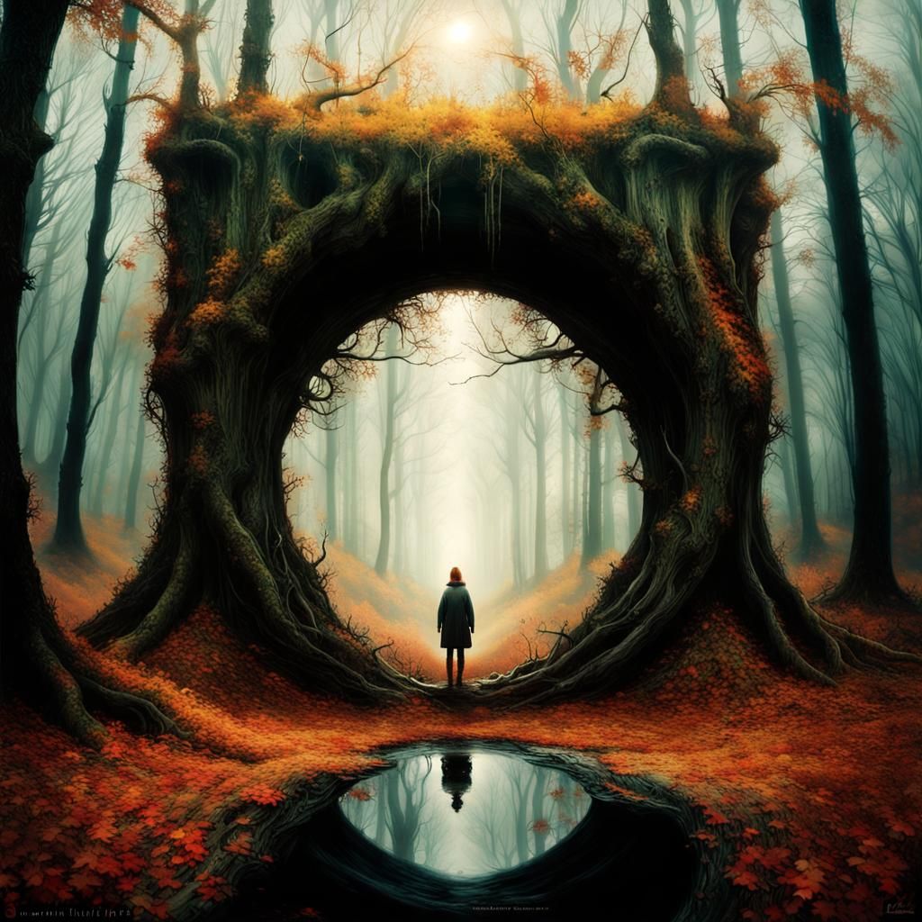 Surreal Autumnal Forest Portal in Watercolor Style