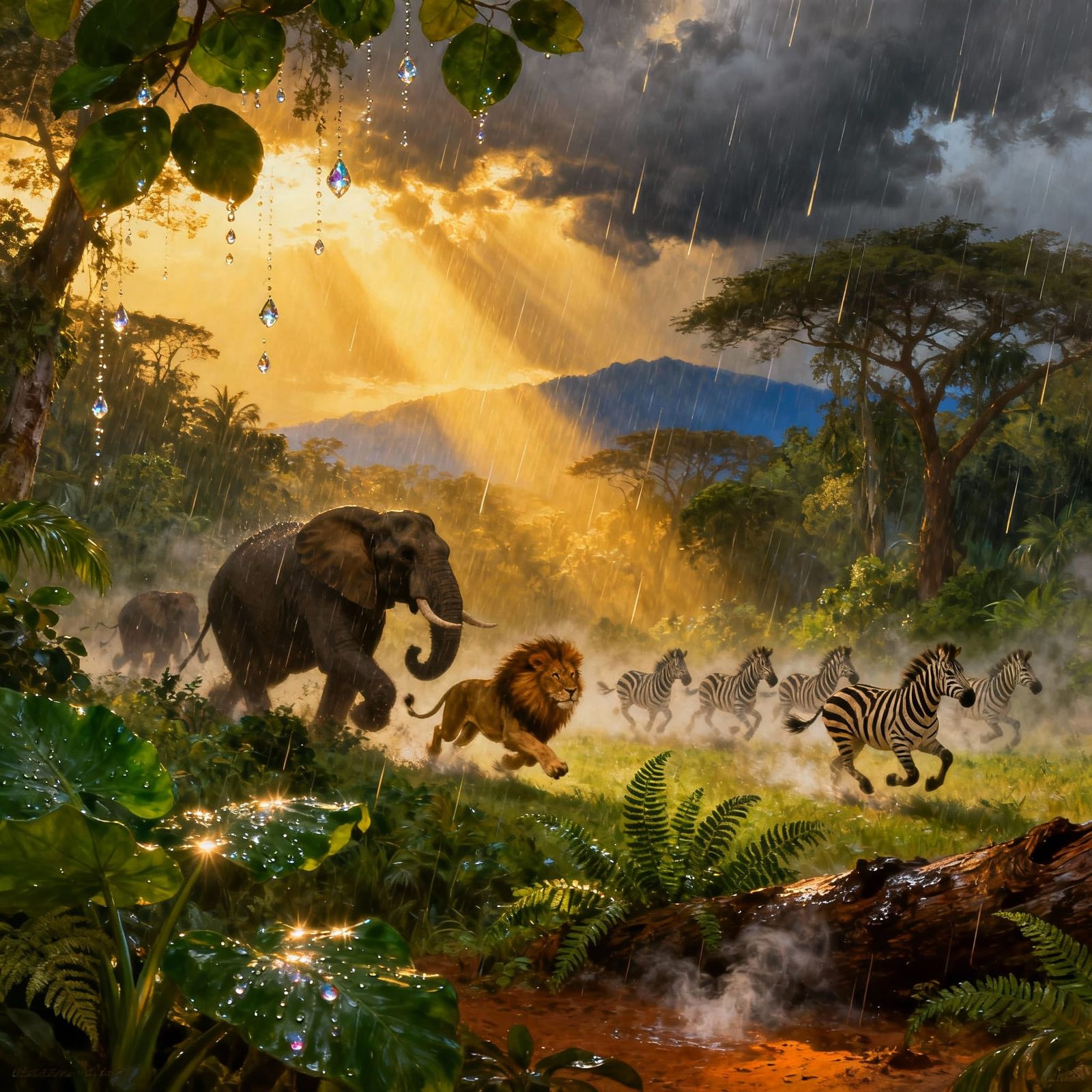 African Tropical Forest in Golden Hour Rain