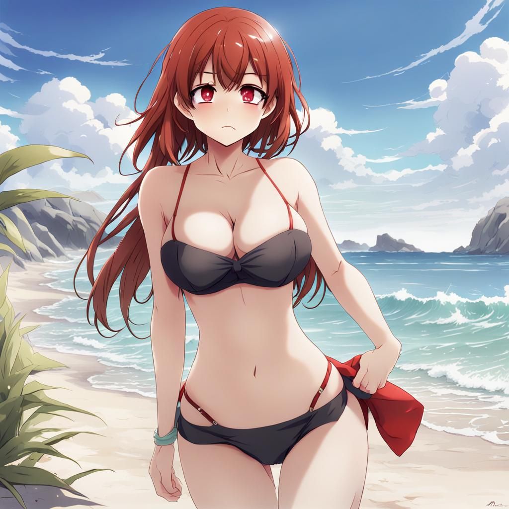 Embarrassed Anime Girl on Beach in Manga Style