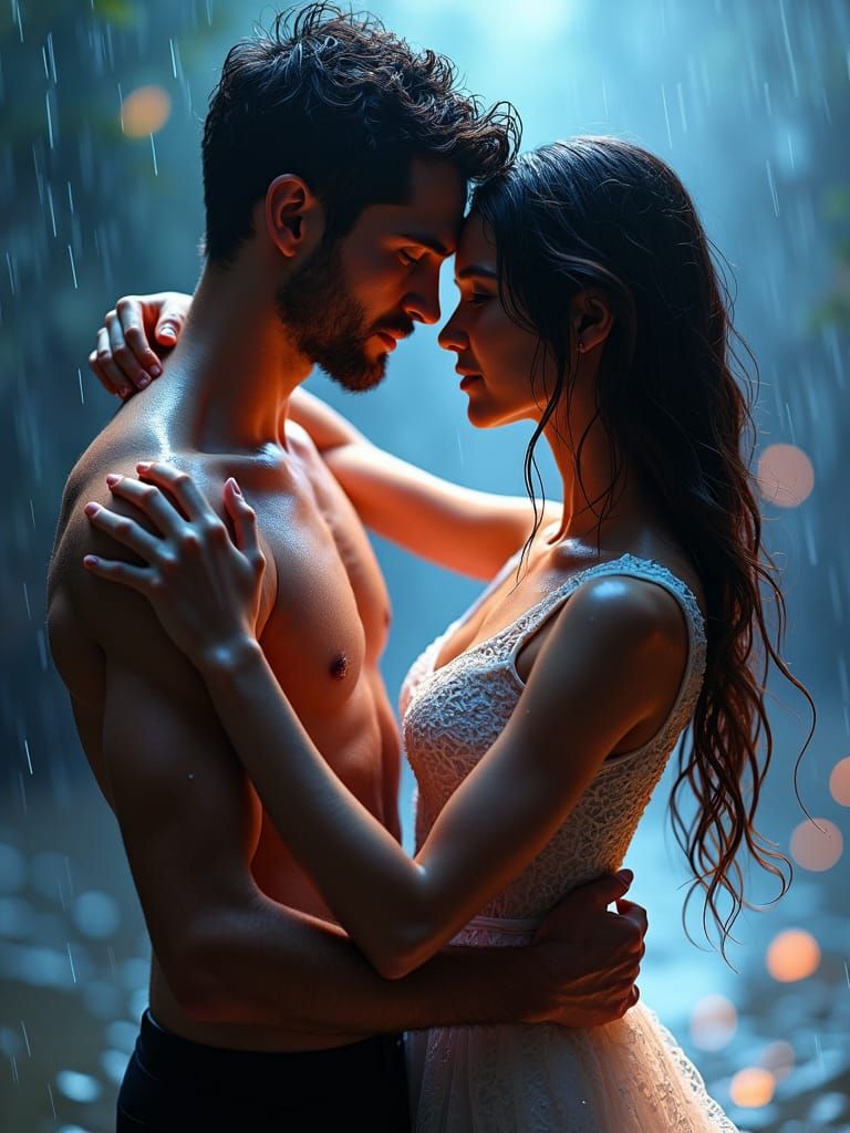 Romantic Couple Dancing in Rainy Fantasy Landscape