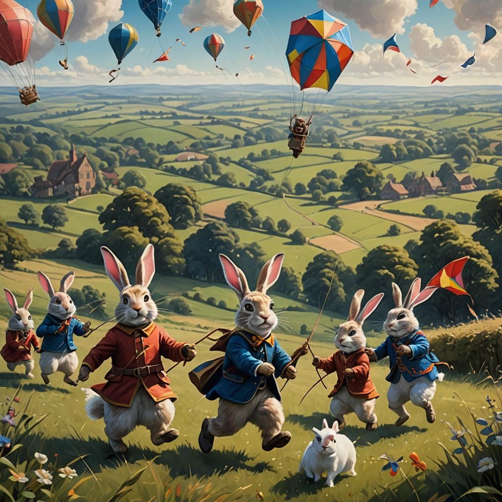 Anthropomorphic Rabbits Fly Kites, Acrylic Painting