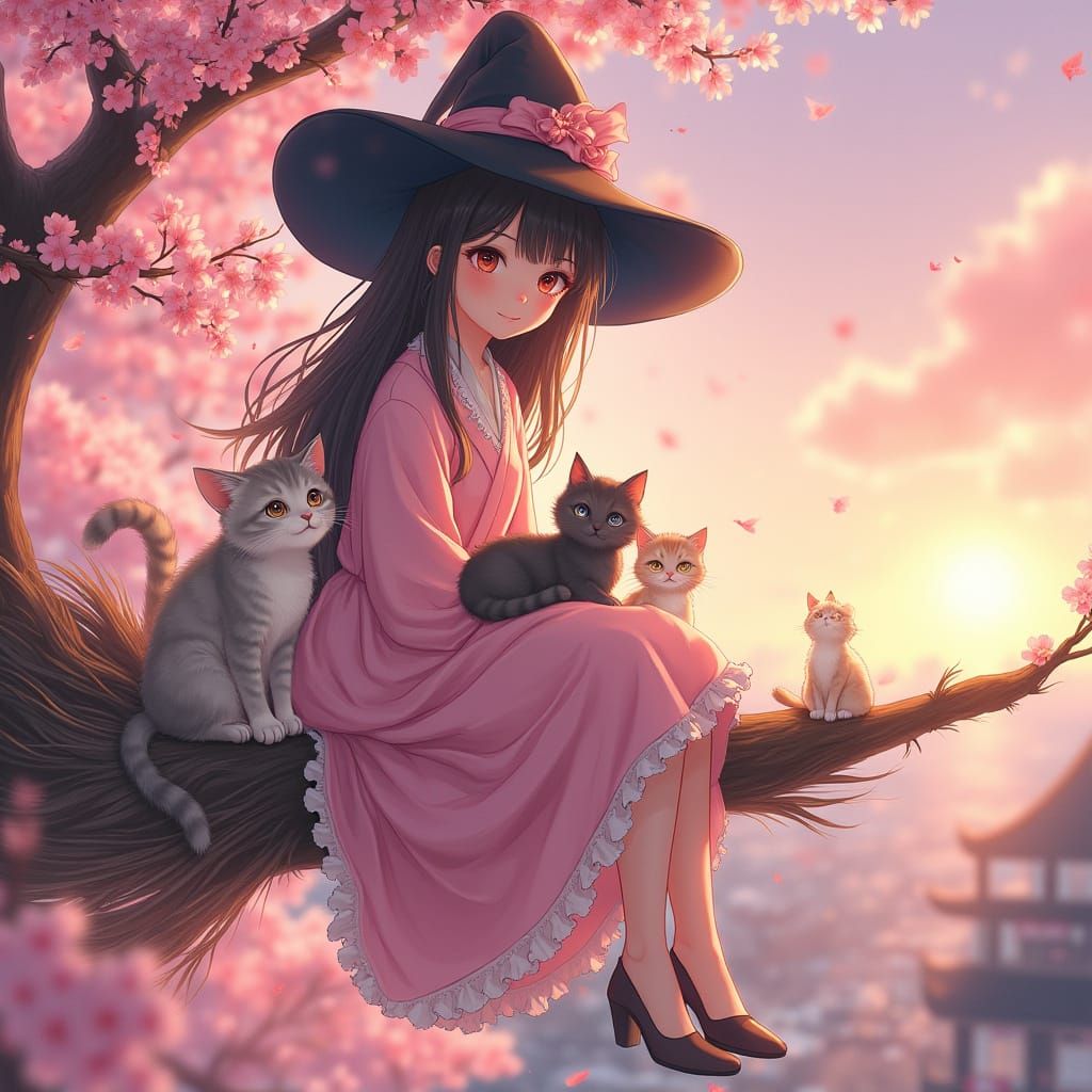 Magical Tokyo Cherry Blossom Scene with Witch and Adorable C...
