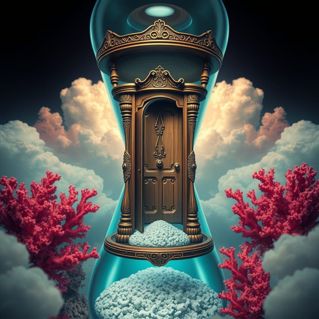 Hourglass Door Surrounded by Clouds and Corals