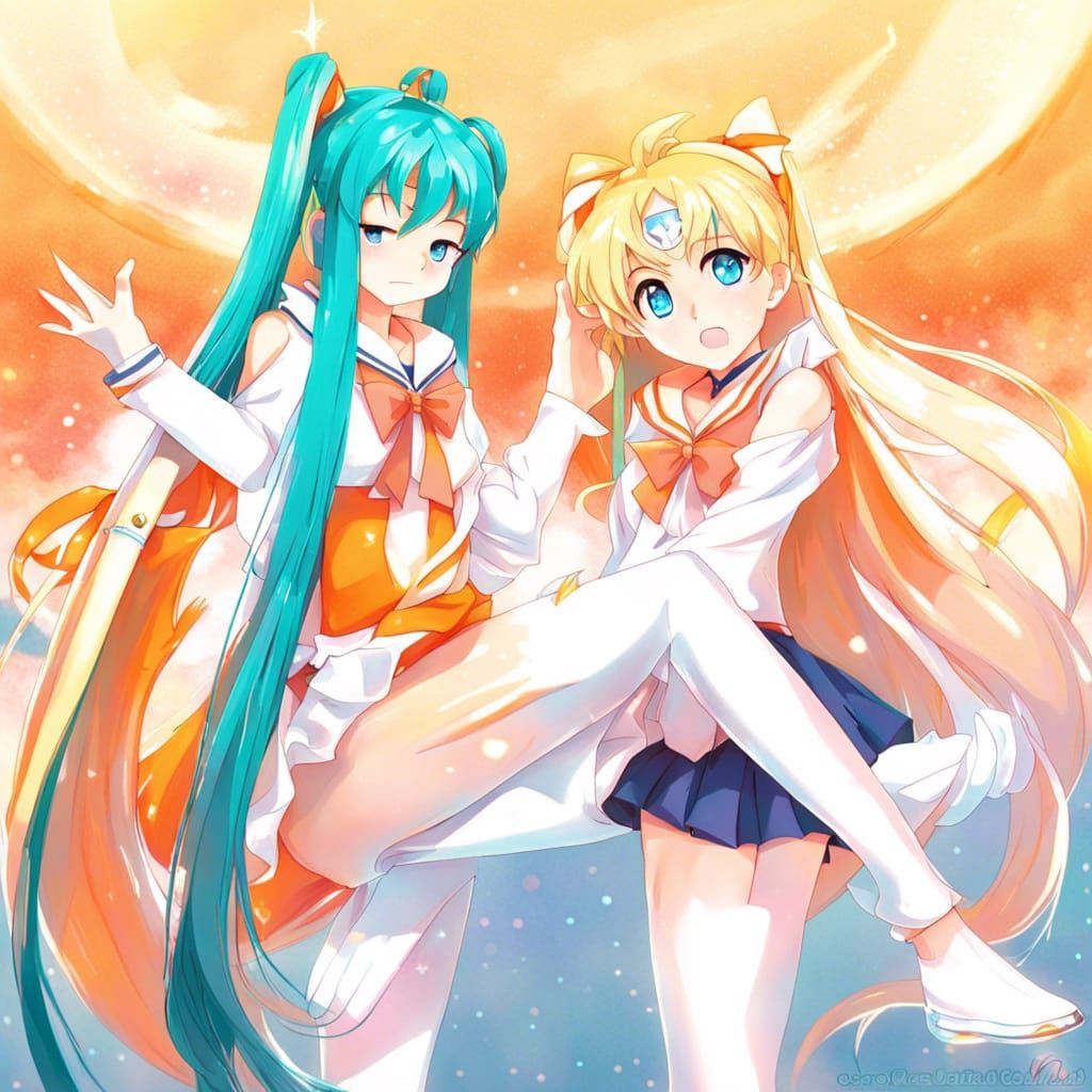 Sailor Venus and Hatsune Miku in Anime Style
