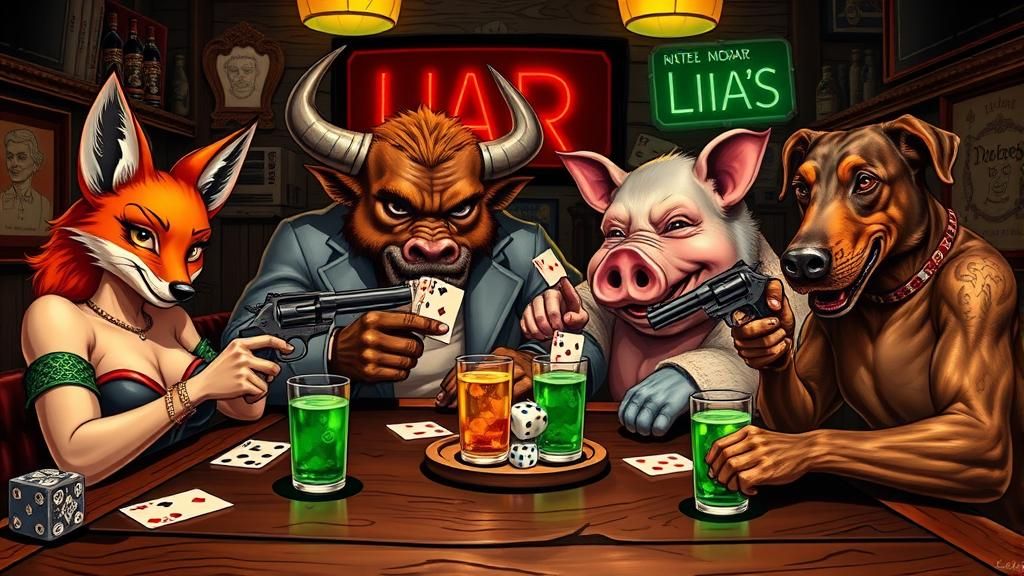 Anthropomorphic Animals Play Cards at Liar's Bar