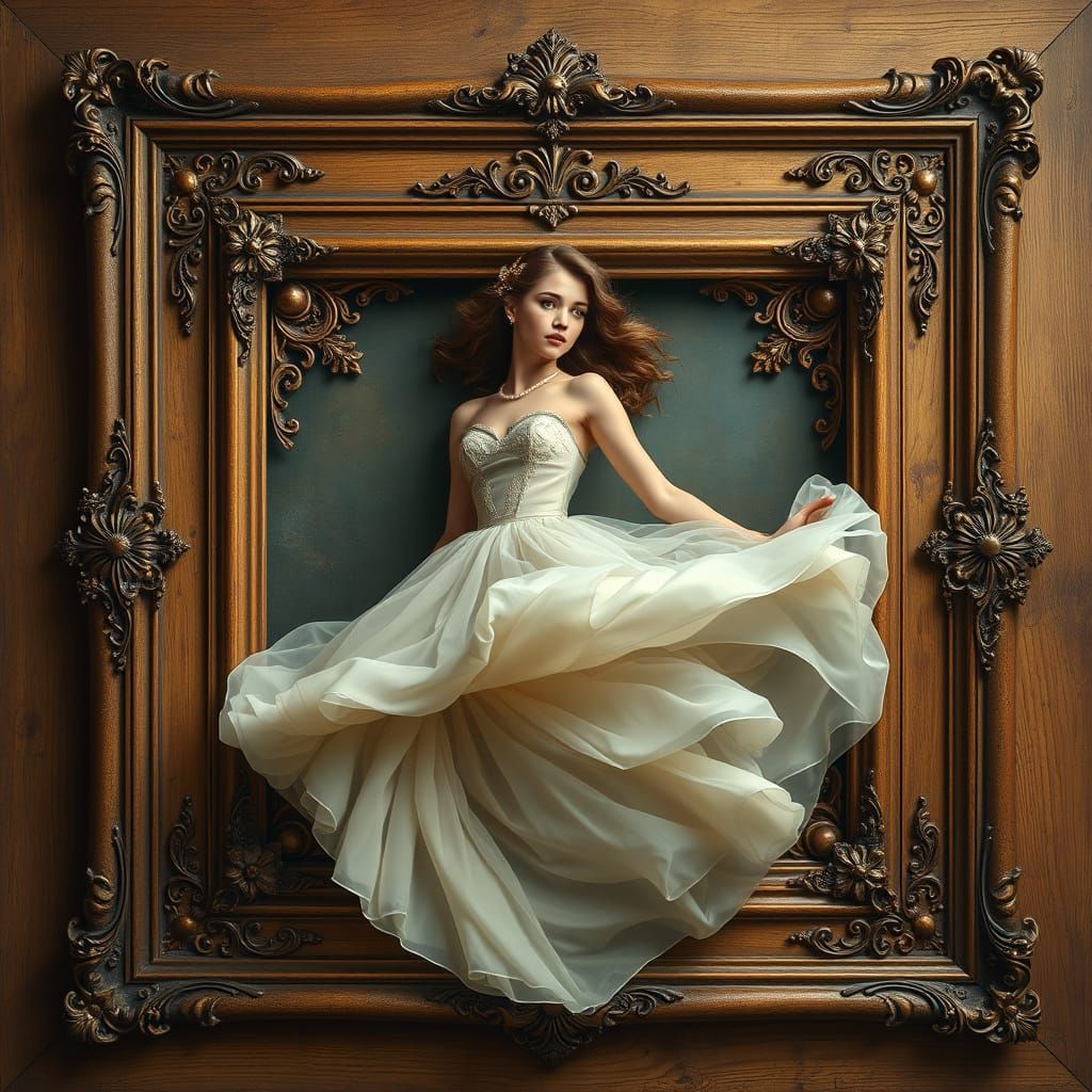 Ethereal Woman Emerges from Wooden Frame, Illustrative Art