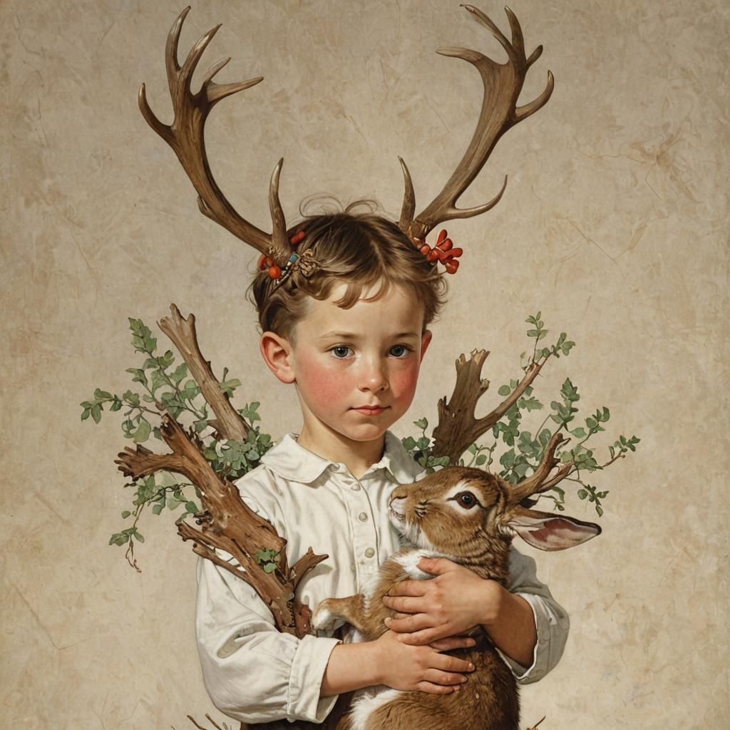 Whimsical Antlered Child and Rabbit: Rockwell-esque Painting