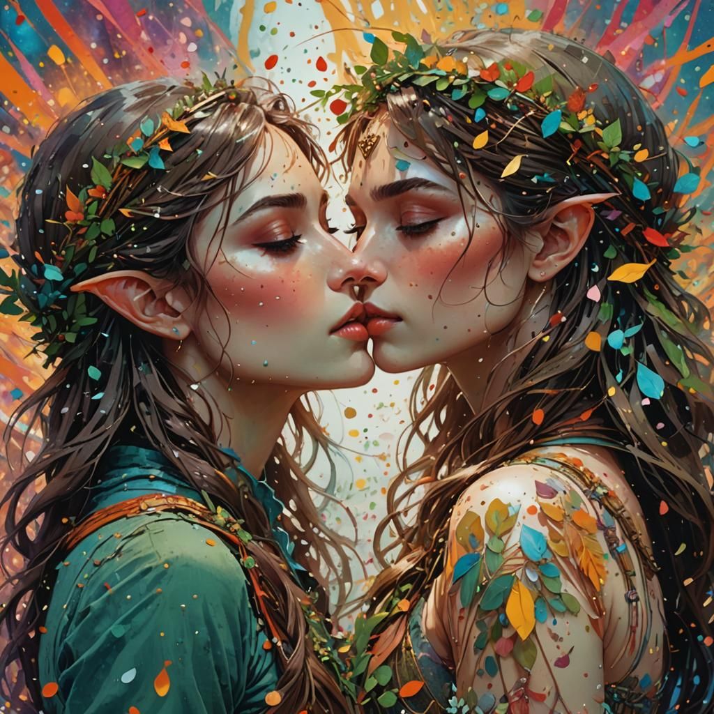 Elf Archer Girl Kissing Human in Celebration