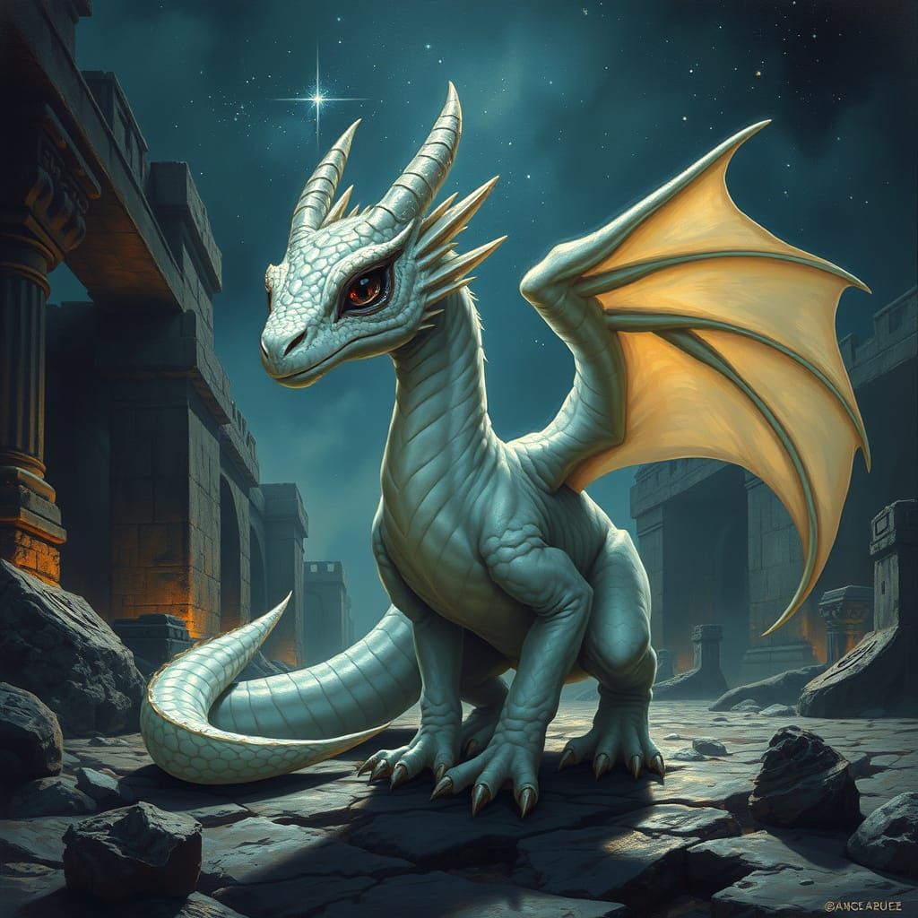 Dragon Hatchling in Ancient Ruins, Pearl Scales