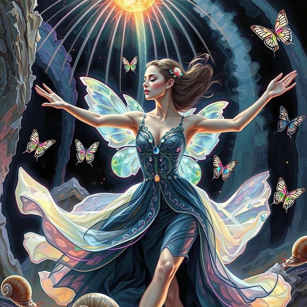 Gemstone Dancer in Bioluminescent Crystal Cavern