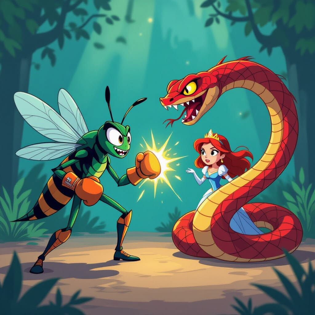 Mosquito Fighter vs Vampire Snake in Mysticons Cartoon Style