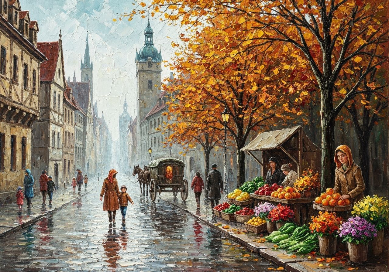 Expressionist Oil Painting of a Rainy Medieval City