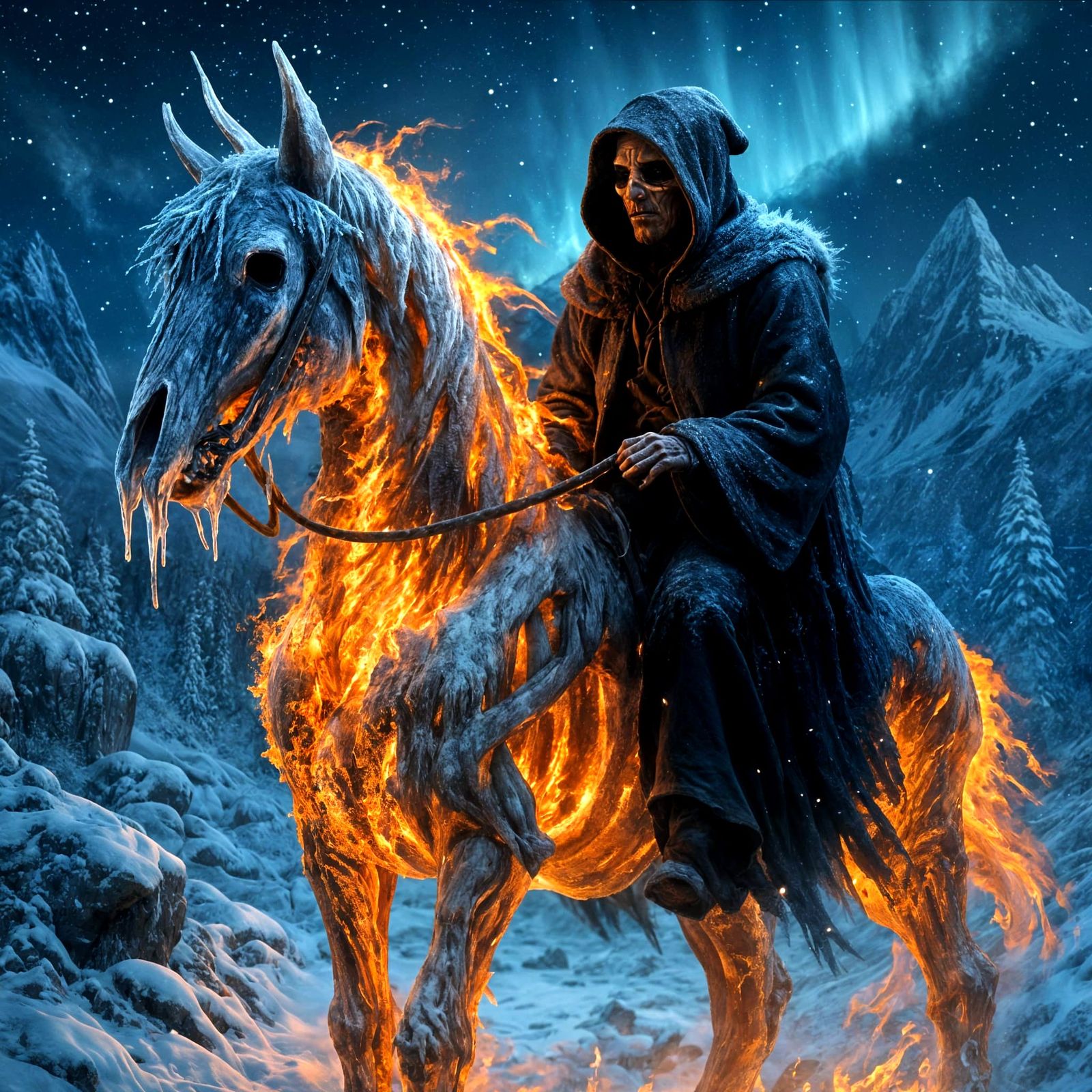 Grim Reaper Rides Flaming Horse in Frozen Landscape