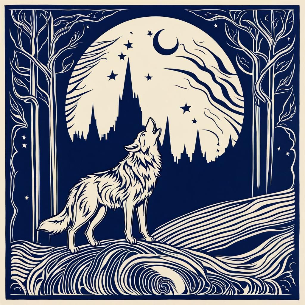 Abstract Wolf Howling at Moon in Linoleum Cut