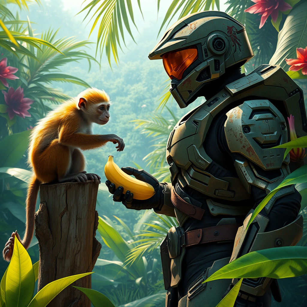 Halo Spartan and Monkey in Jungle Landscape