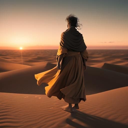 Surreal Nomad Gazes at Shifting Sands in Dreamscape