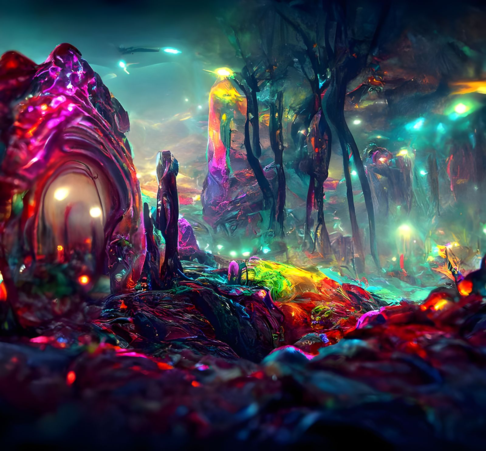 Mysterious Glowing Alien Landscape in Psychedelic Style