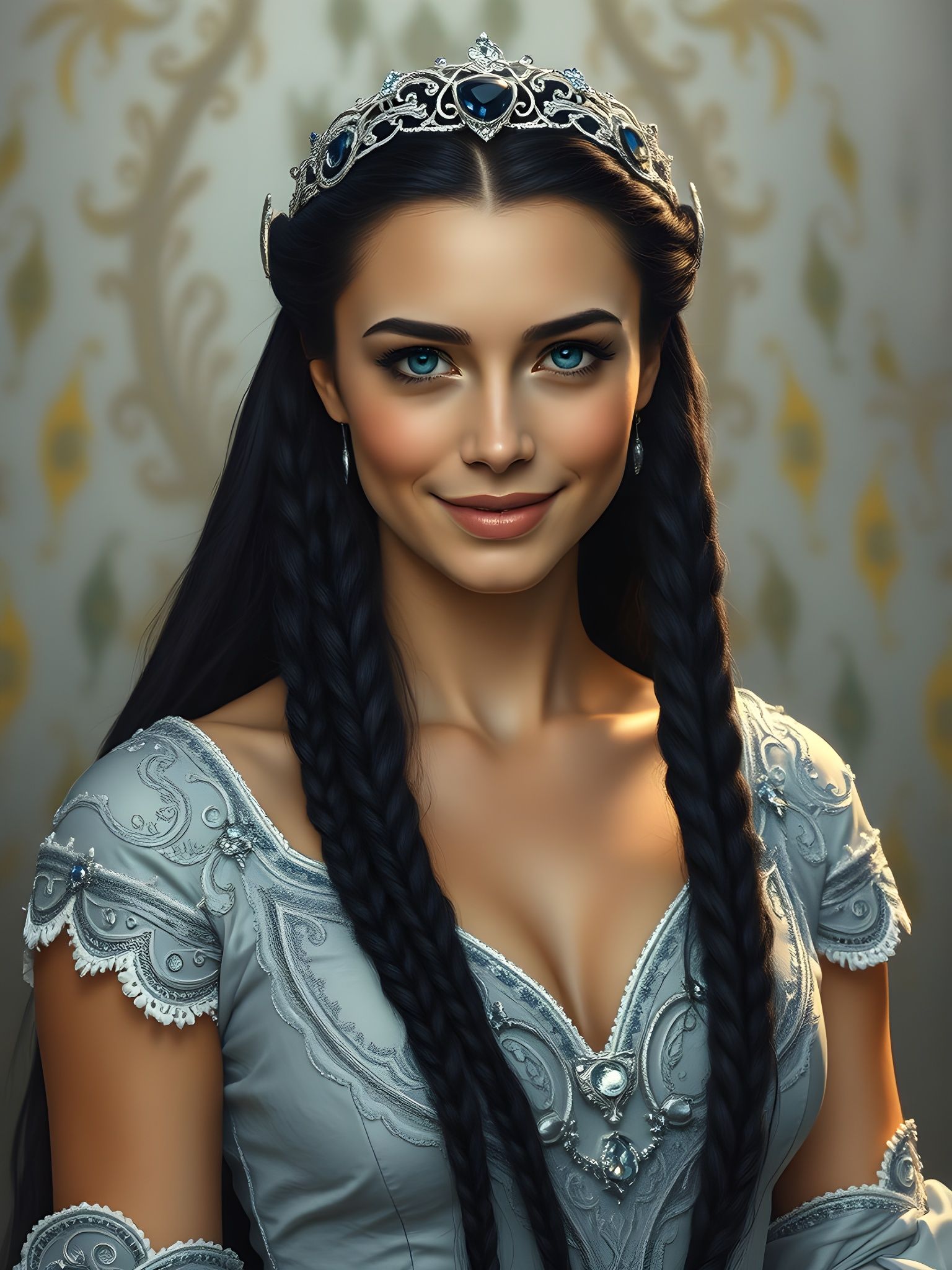 Striking Norse Goddess in Silver Dress: Digital Art