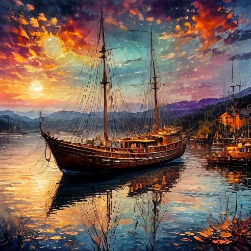 Ancient Harbor at Sunrise in Ultra-Realistic Style