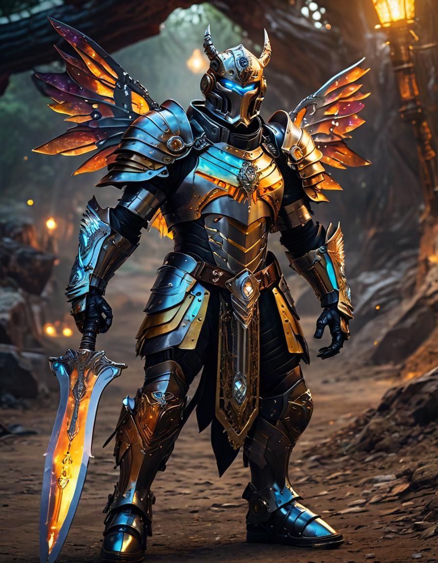 Steampunk Knight Cyborg with Glowing Axe