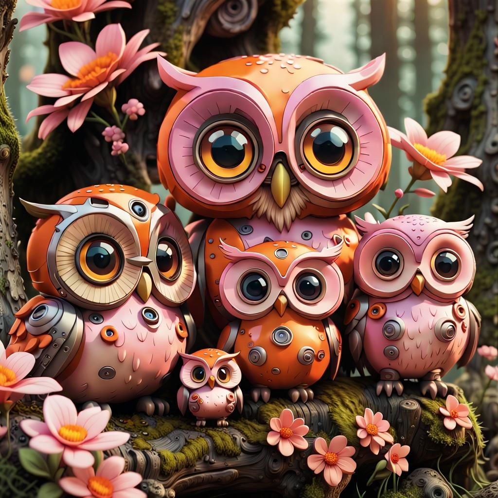 Chibi Robot Owls on Mossy Log