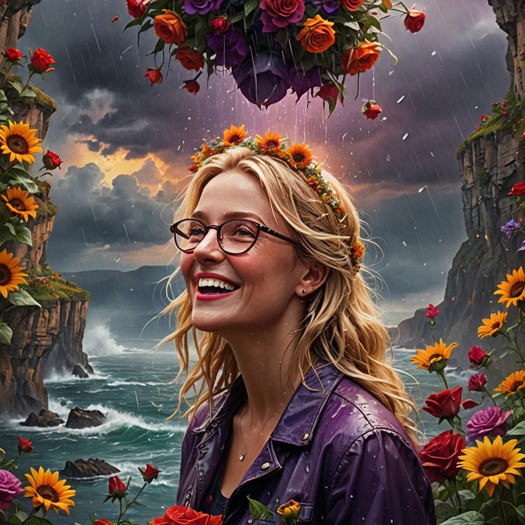 Laughing Blonde in Floral Rain: Maximalist Digital Art