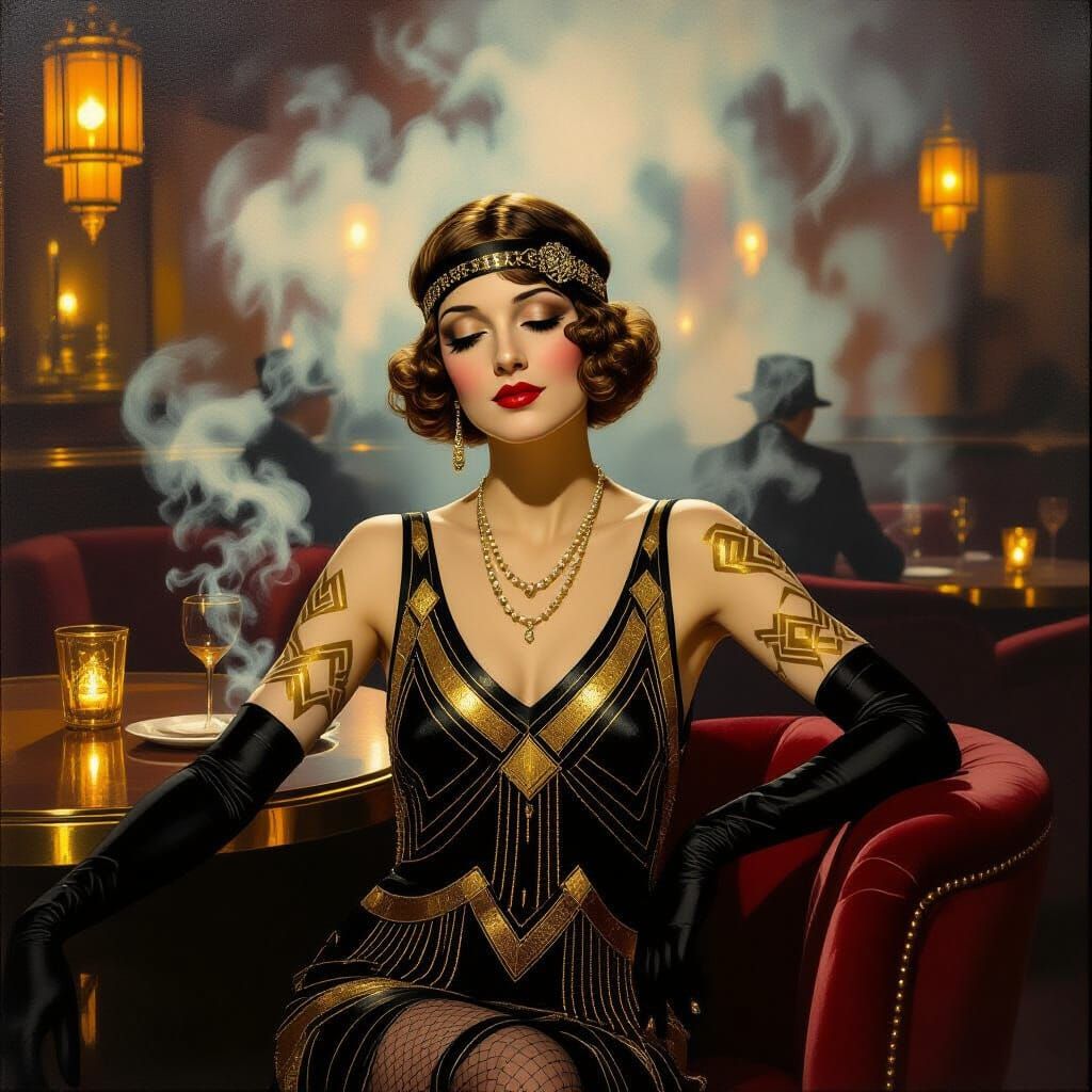 Flapper in Art Deco Bar as Oil Painting