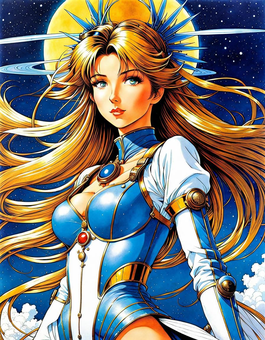 Steampunk Illustration, Retrofuturism, encaustic 1980's art, "Belldandy" by Kōsuke Fujishima, Mœbius, Philippe Druillet,...