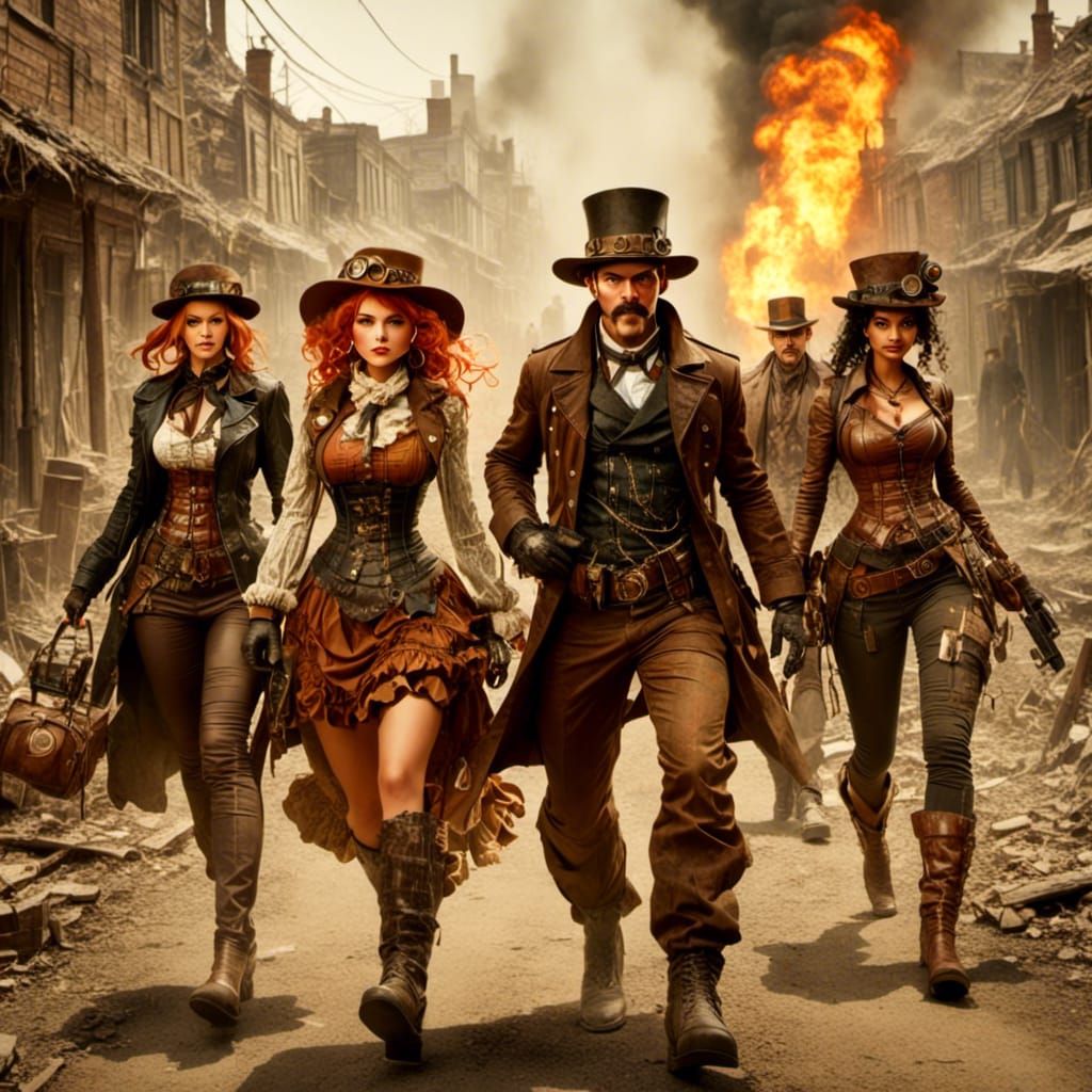 Steampunk Soldiers March Through Burning Post-Apocalyptic To...