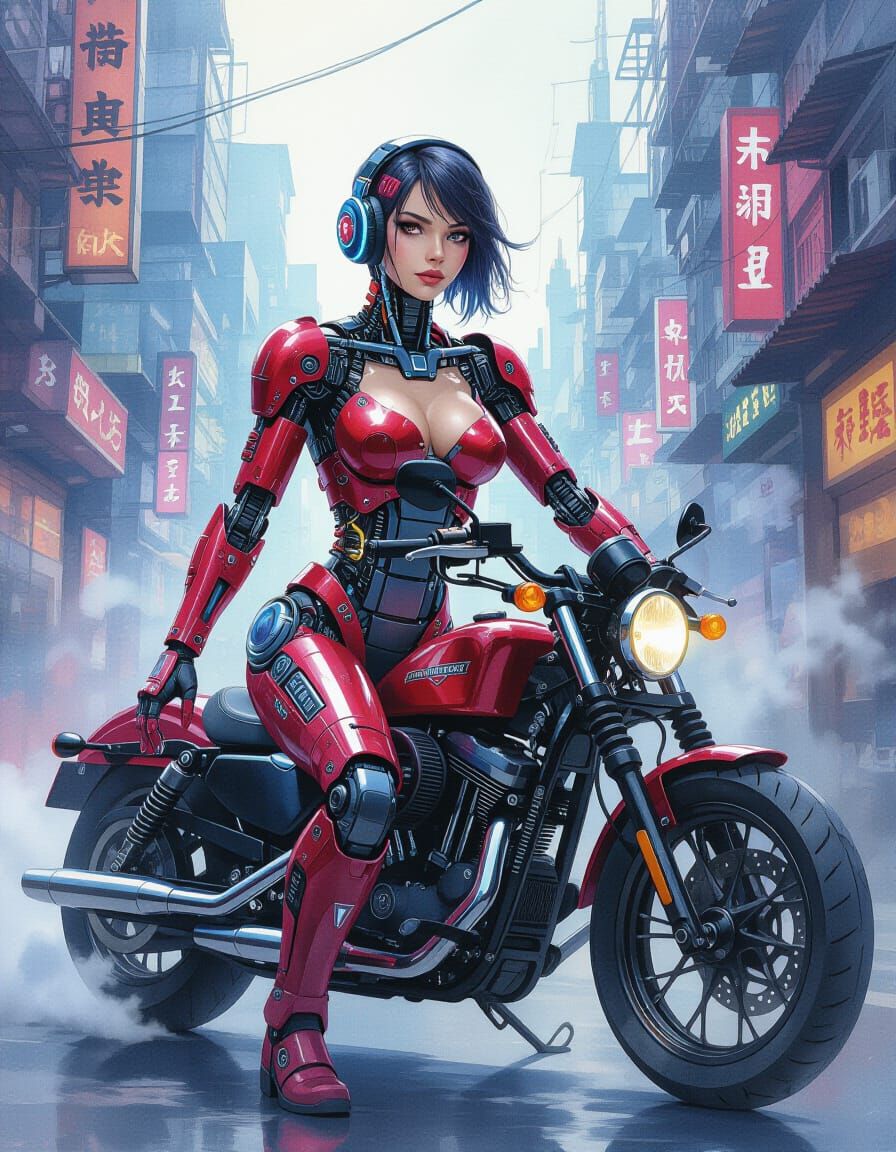 A mecha cyberpunk woman riding a Harley Davidson motorcycle