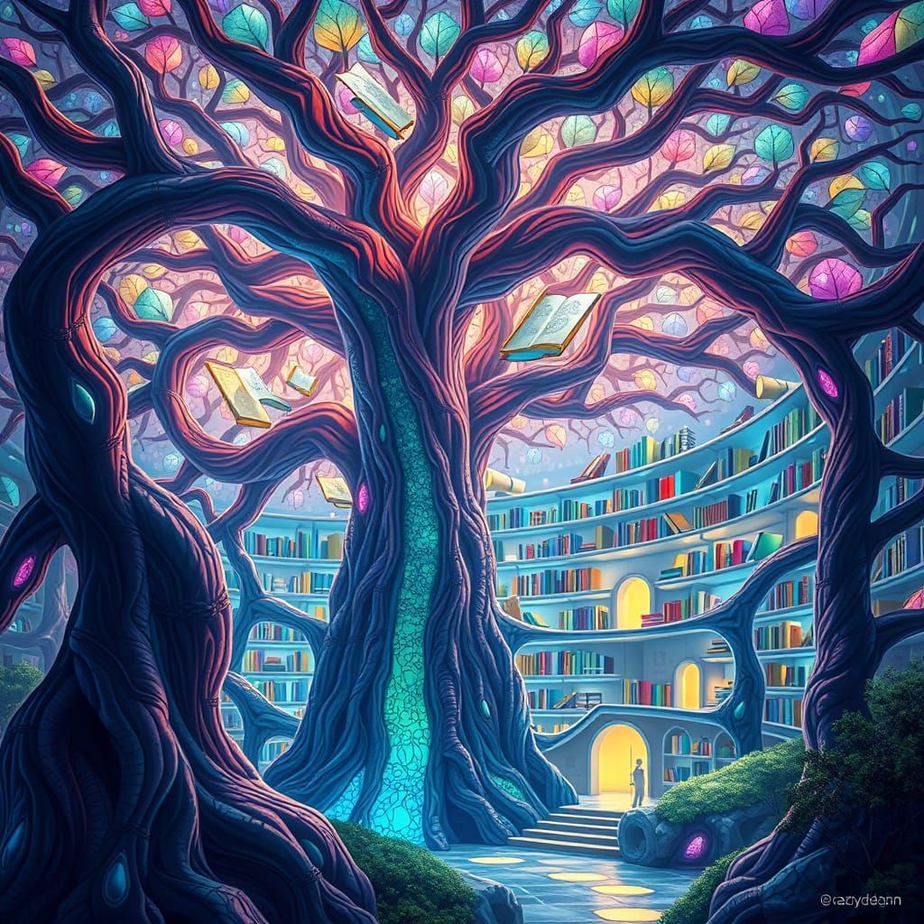 Enchanted Futuristic Library in the Heart of a Glowing Tree