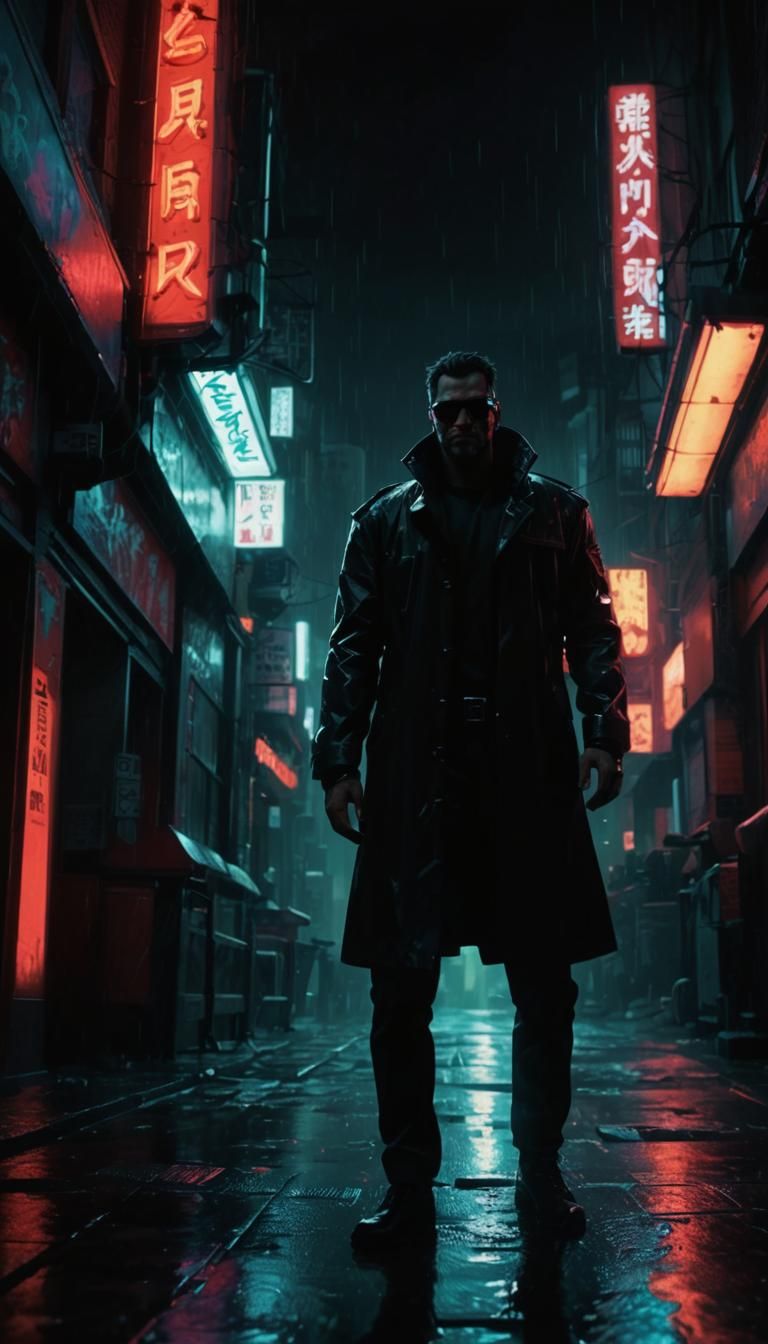 Cyberpunk Doorman in Rainy Red Light District