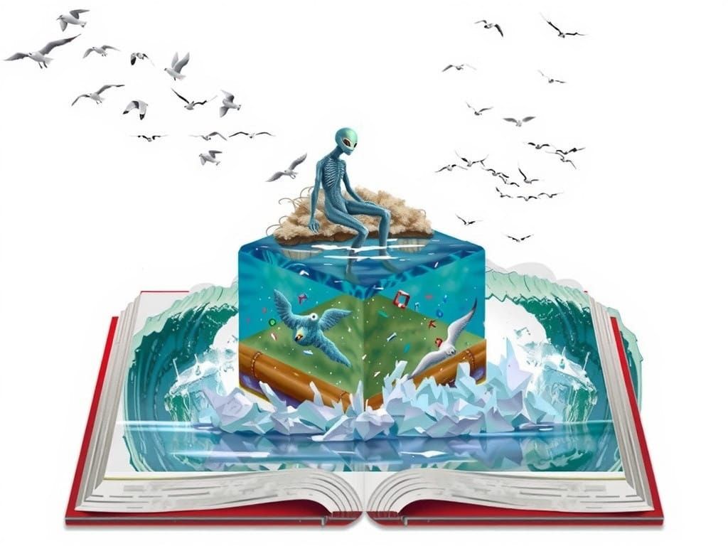 Book in Submerged, Melting Ice, with Alien Creature and Seag...