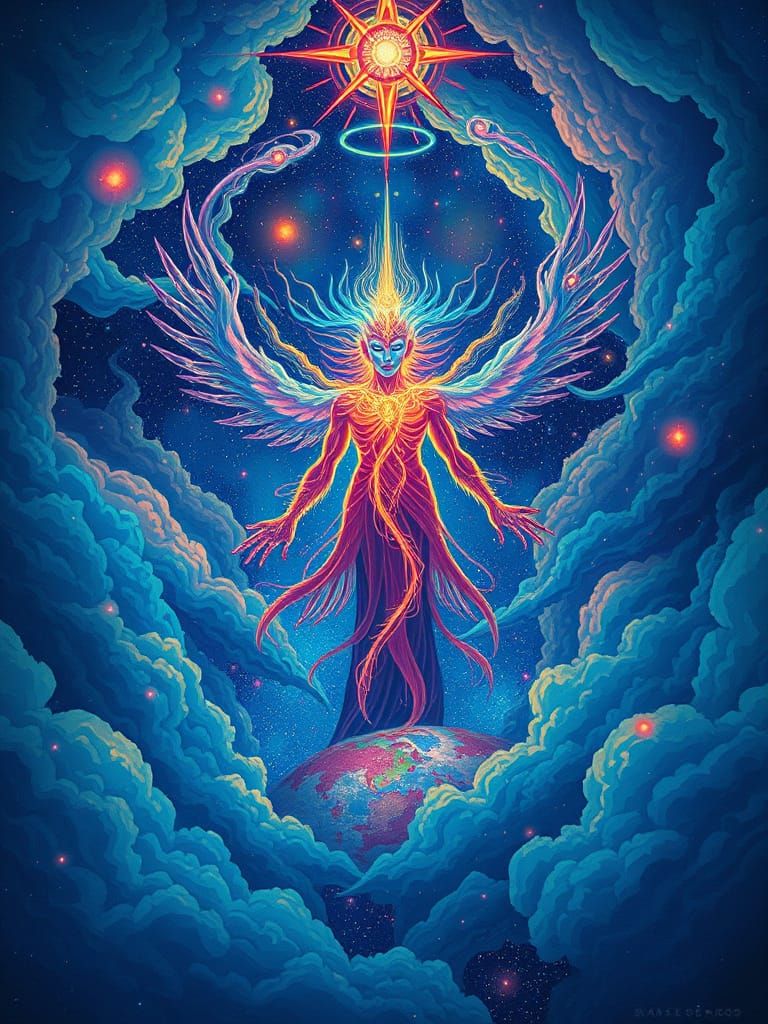 Luminescent Cosmic Entity in Holographic Illustration Style