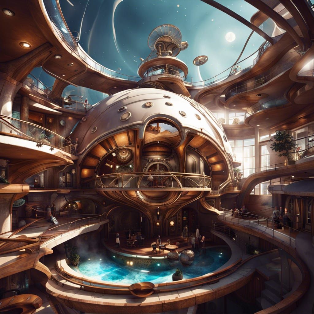 futuristic steampunk cyberpunk space  luxury hotel
