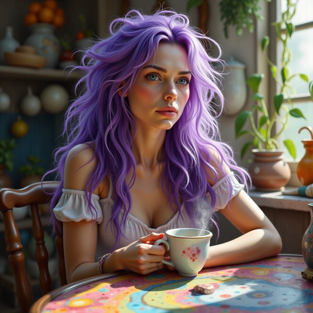 Beautiful Woman With Lavender Hair Enjoys Coffee at Kitchen ...