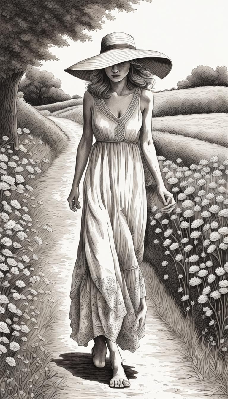 Elegant Woman in Sunlight: Hyperdetailed Ink Drawing