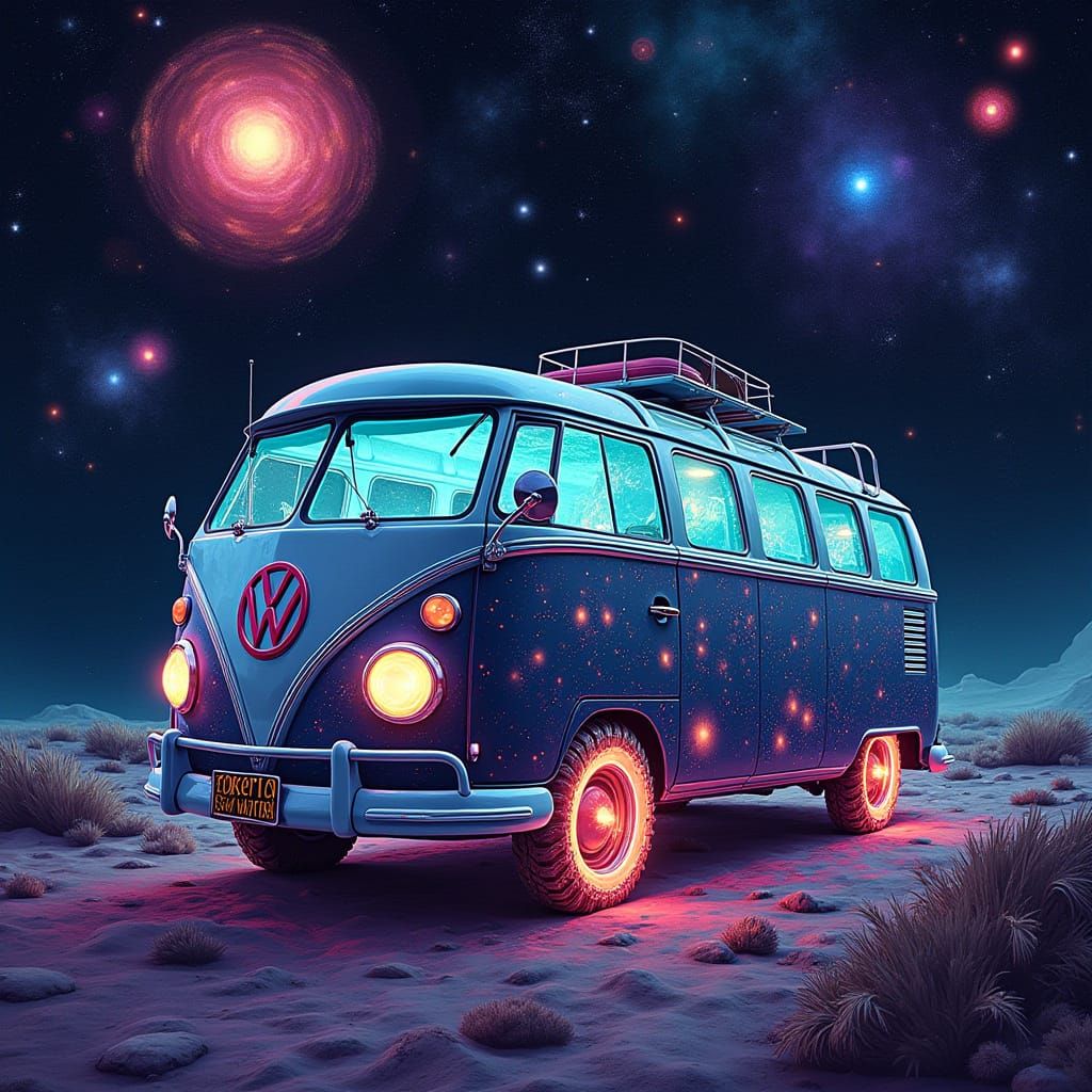 Bioluminescent VW Bus Drifting Through Starry Cosmos
