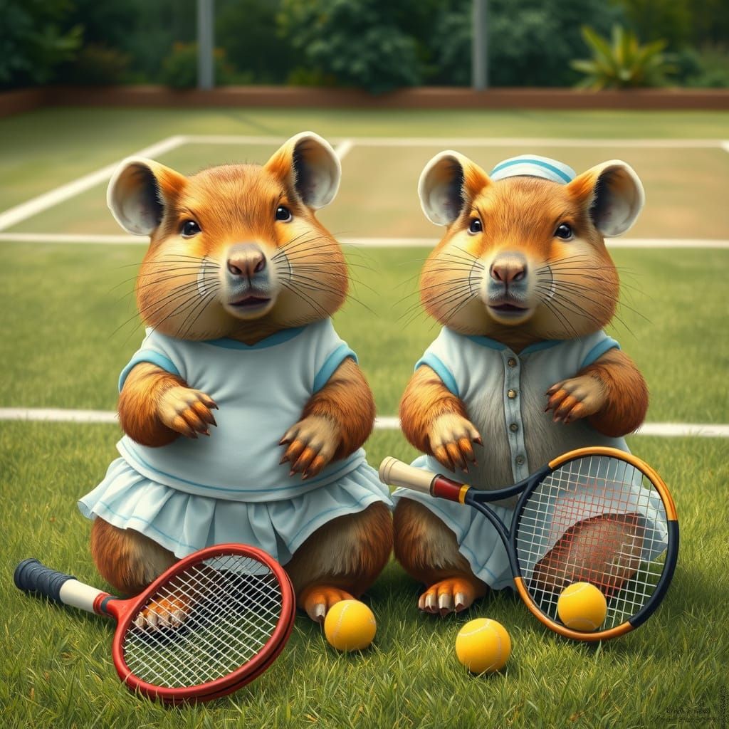 Capybaras' Tennis Break in Beatrix Potter Style