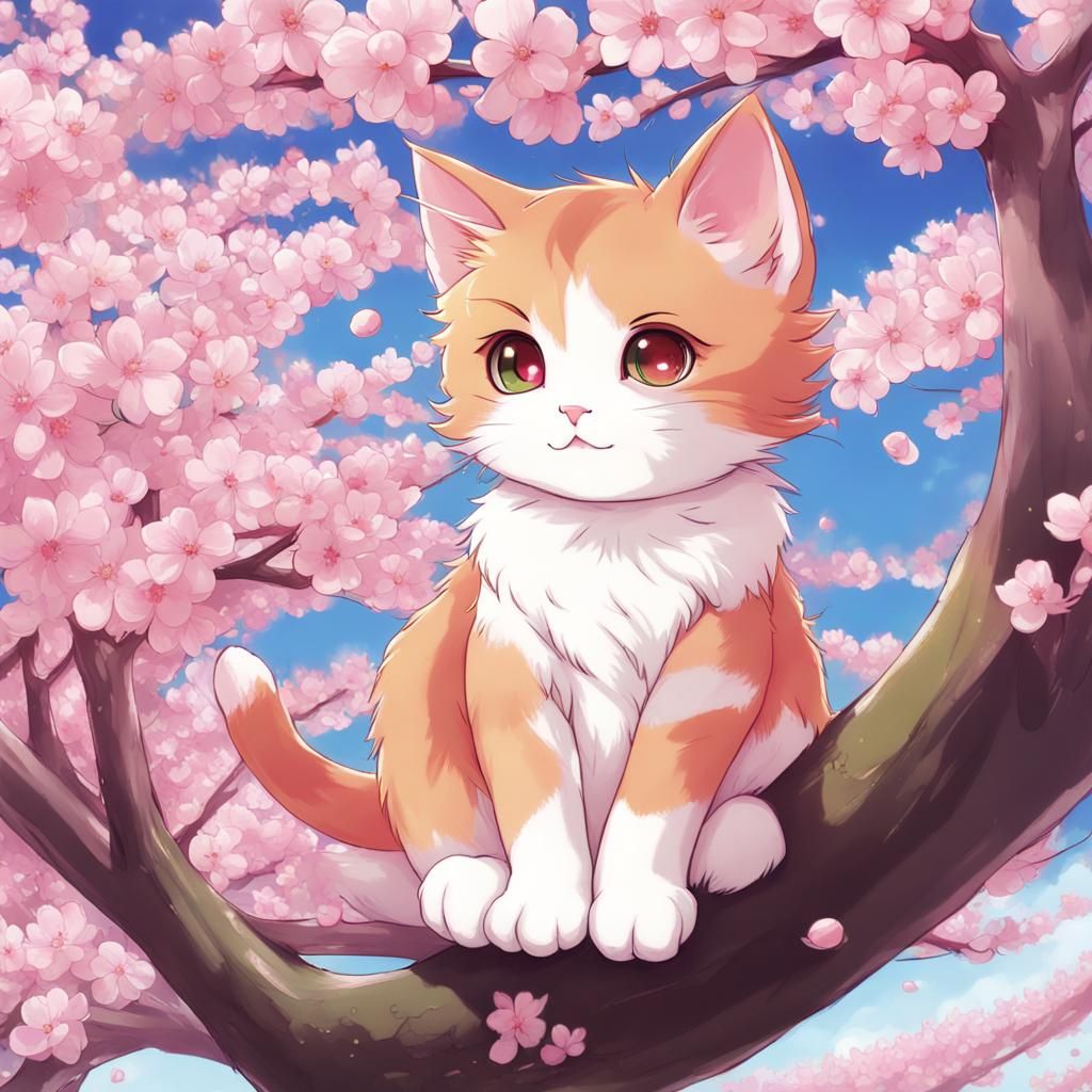 Kitten in Cherry Blossoms: Anime-Style Manga Art