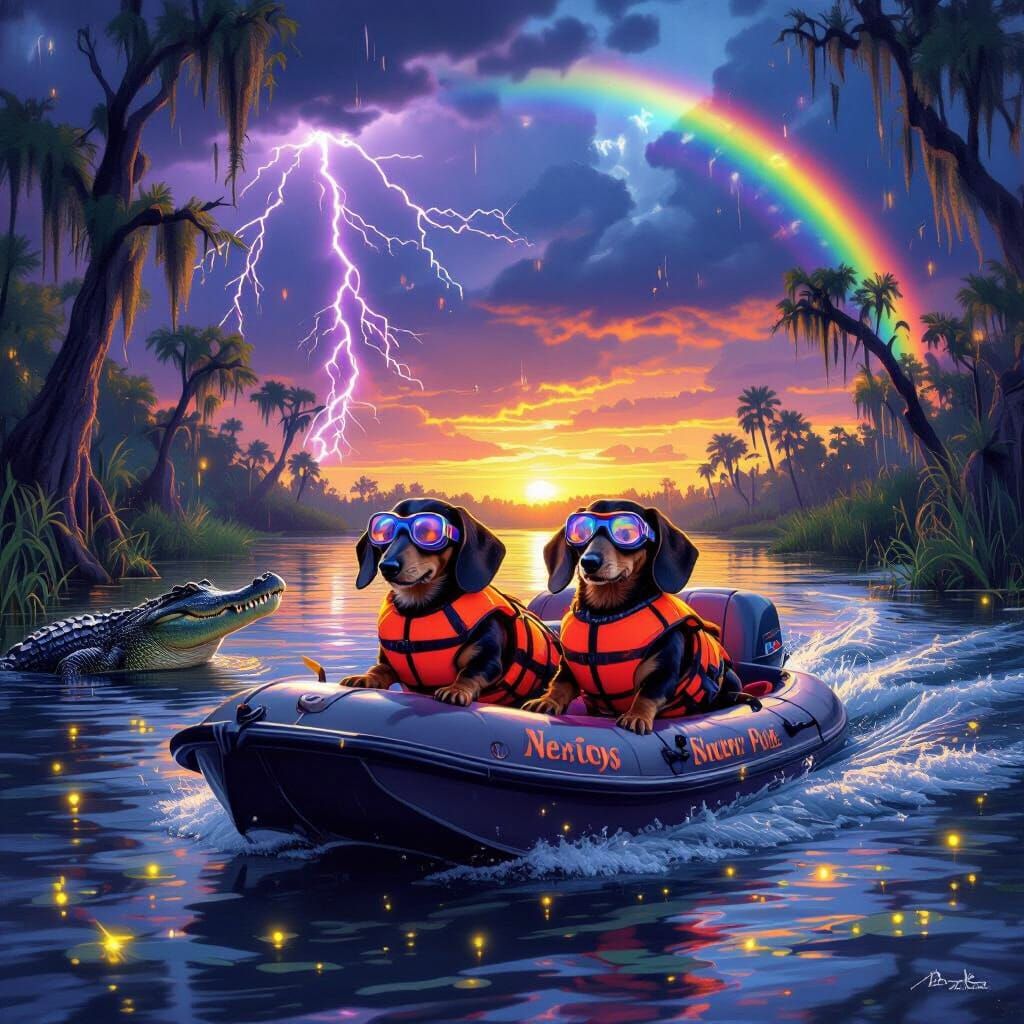 Dachshunds Ride Airboat Through Everglades Amidst Stormy Gat...