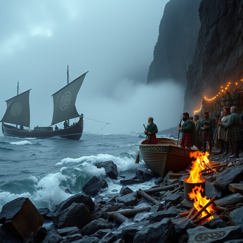 Celtic Knotwork Boats Festival on Stormy Scottish Coast