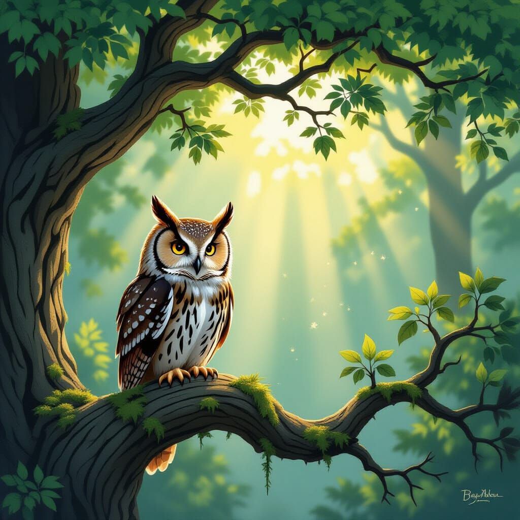 Ancient Owl on Oak Branch in Dappled Sunlight